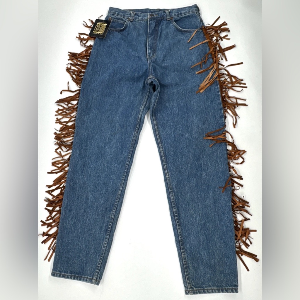 Vintage Leather Fringe Trim Jeans Mens 32x30 Blue Denim Tapered High Waist Nwt